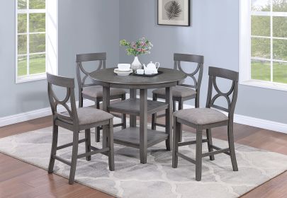 Counter Height Dining Table with Storage Shelve, 4 x Chairs Padded Seat Unique Design Back 5pc Dining Set Gray Color