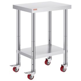 VEVOR 24x18x34 Inch Stainless Steel Work Table 3-Stage Adjustable Shelf with 4 Wheels Heavy Duty Commercial Food Prep Worktable with Brake for Kitchen