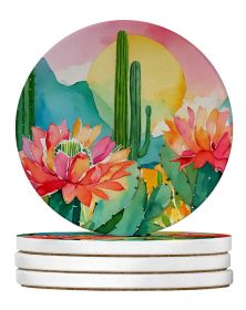 Arizona Saguaro Cactus Blossom in Watercolor Large Sandstone Coasters Pack of 4 Absorbent Round Coasters Decor Gifts for Men or Women, 4 in