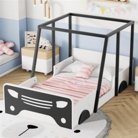 Wooden Bunk Bed Design with Wheels and Doors, Montessori Style Bedroom Double Car-shaped Bed, Black (Color: Black)