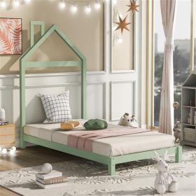 Double Wooden Platform Bed with House-shaped Headboard - Green (Color: Green)