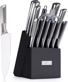 Kitchen Knife Set. Lap Easy 15 Piece Knife Sets with Block Chef Knife Stainless Steel Hollow Handle Cutlery With Manual Sharpener (Color: Black)