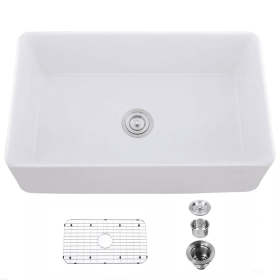 Single Basin Ceramic Farmhouse Kitchen Sink with Basket Strainer (Color: White)