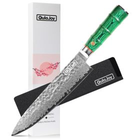 Qulajoy Japanese Chef Knife 8 Inch,67 Layers Damascus VG-10 Steel Core, Professional Hammered Kitchen Knife,Handcrafted With Ergonomic Bamboo Shap (Color: Green)