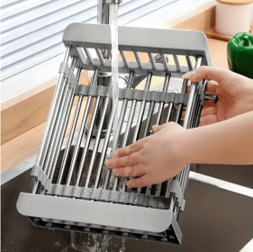 Adjustable Immersion Sink Dish Drying Rack with Stainless Steel Drain Basket - Portable and Retractable Space-Saving Fruit And Vegetable Solution (Color: Silver)