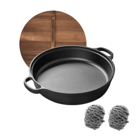 WANGYUANJI 11 Cast Iron Wok with Dual Handles and Wooden Lid, Uncoated Frying Pan for Gas And IH, Chinese Thickened Pancake Pan, Stir-frying And I (Color: Black)