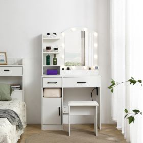 3 Color Lighting Modes with Adjustable Brightness, Dresser With 2 Drawers, Locker and Upholstered Stool, White (Color: White)