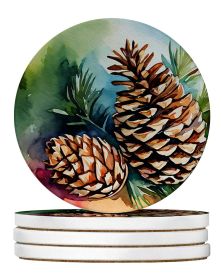 Maine White Pine Cone and Tassels in Watercolor Large Sandstone Coasters Pack of 4 Absorbent Round Coasters Decor Gifts for Men or Women, 4 in (Default: Default)