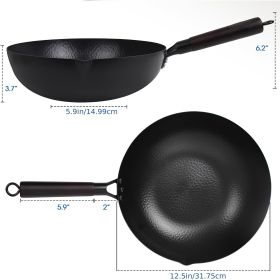 Hammered Carbon Steel 12.5-Inch Wok Pan with Lid, Black, Non-Stick, Compatible with Most Cooktops (Option: 12.5Inch)