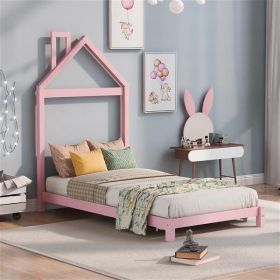 Double Wooden Platform Bed with House-shaped Headboard - Pink (Color: pink)