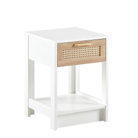 15.75 Inches Rattan Side Table with Drawers, Modern Bedside Table, Living Room, Bedroom Side Table, White (Color: White)